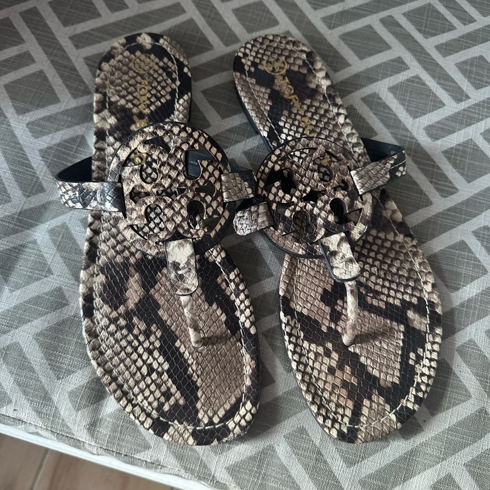 Tory Burch Brown and Black Snake Print Sandals